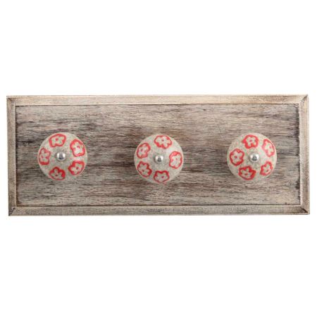 Red Embossed Tiny Flower Crackle Ceramic Wooden Hooks